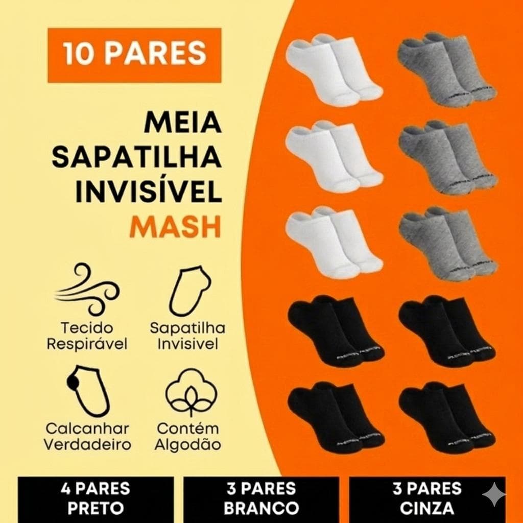 Kit 10 Pares Meia Invisível Mash Unissex Algodão Sapatilha Cano Baixo
