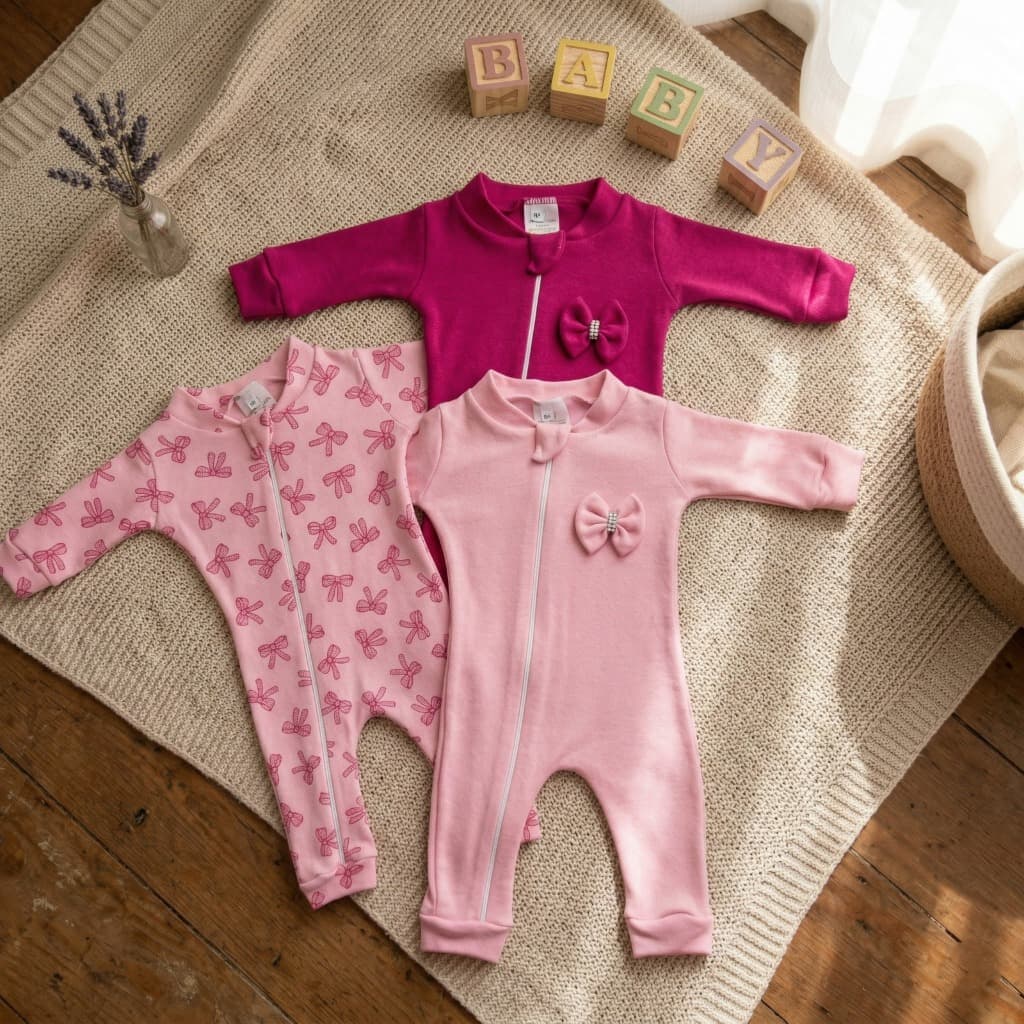 Kit 03 Peças Macacão Rosa, Pink e Lacinho Menina Algodão Premium Conforto Dia a Dia
