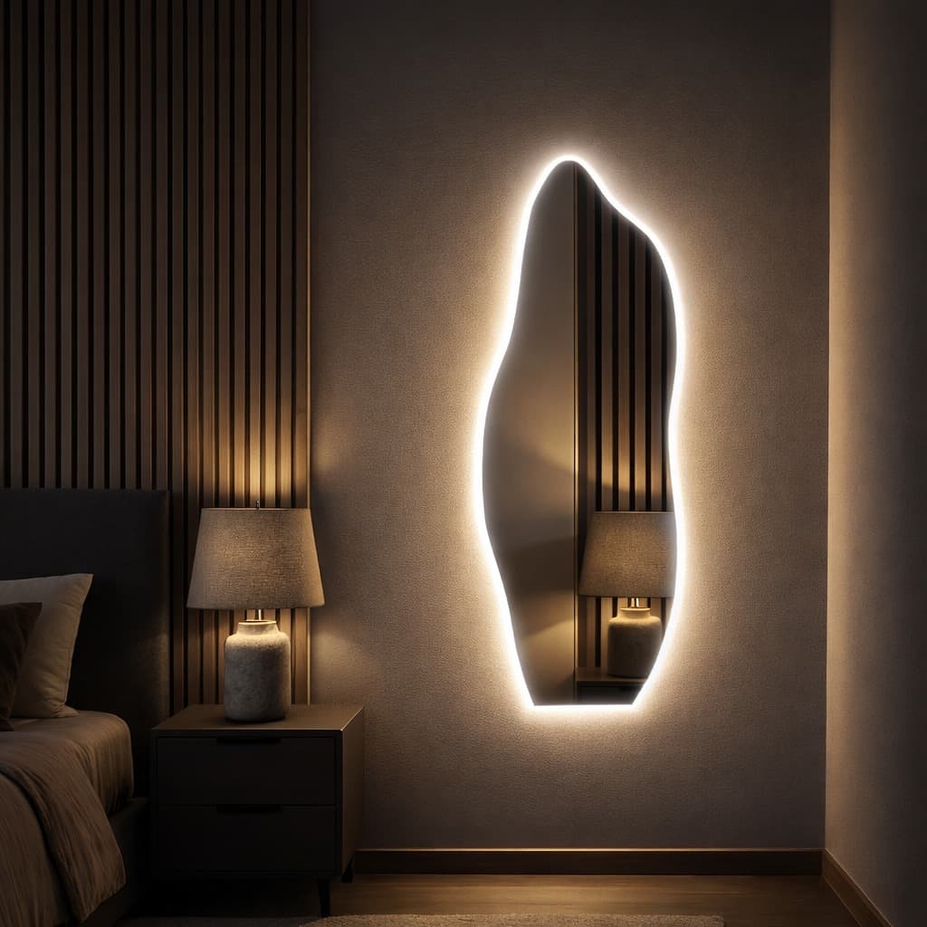 Espelho Led Bivolt 100cm x 35cm Flame Sem Led Polido Sala Salão Loja Luxo Lançamento Led Branco Led Neutro Led Amarelo