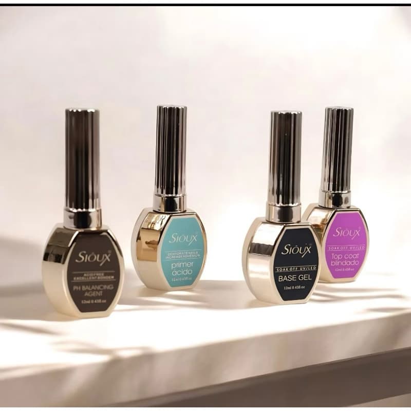 Preparadores Sioux Premium 12ml – Linha Profissional Completa Top Coat Base PH e Primer Ácido - 4 UNIDADES