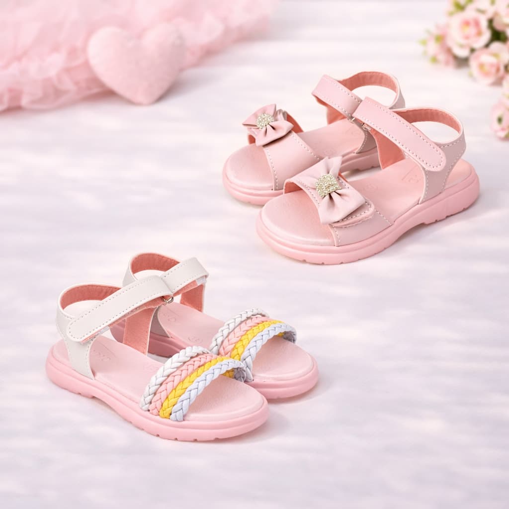 Kit 2 Pares Sandalia Infantil Feminina Papete Leve Laço E Tiras Dia a Dia Confortavel Antiderrapante