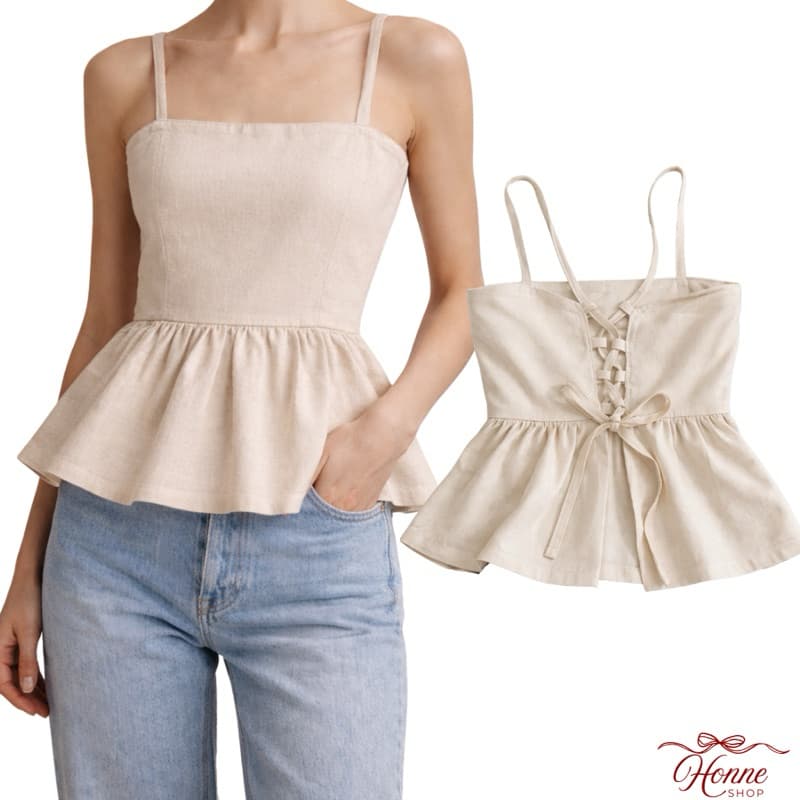 blusa elegante feminina de linho alça ajustável decote nas costas cor bege claro
