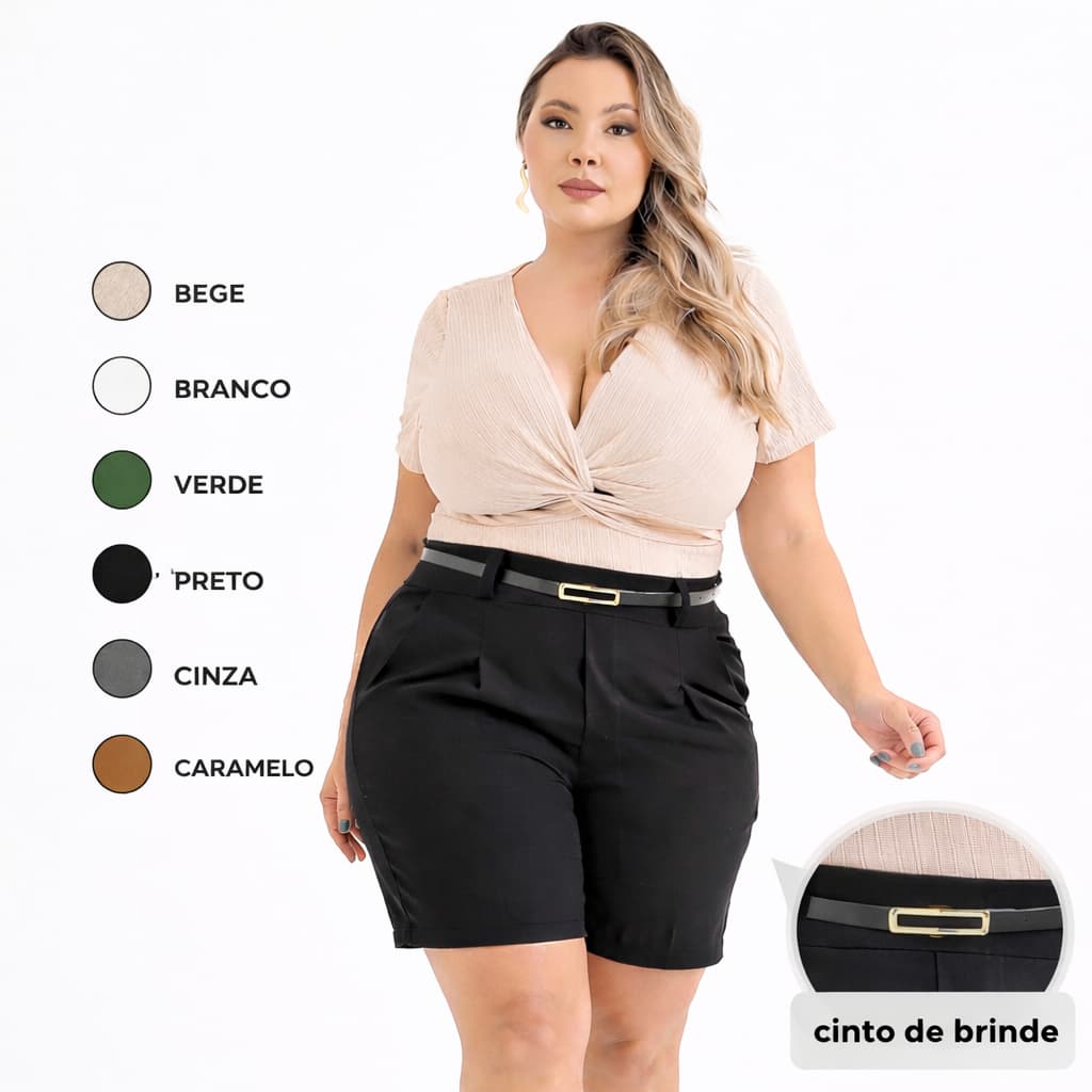Short Plus Size Alfaiataria Cintura Alta com Cinto short Esconde Barriga