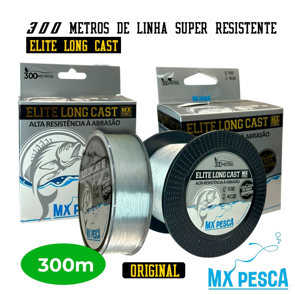 Linha de Pesca Monofilamento Elite Long Cast MX Force 300m - Alta Resistência e Baixa Memória - Original
