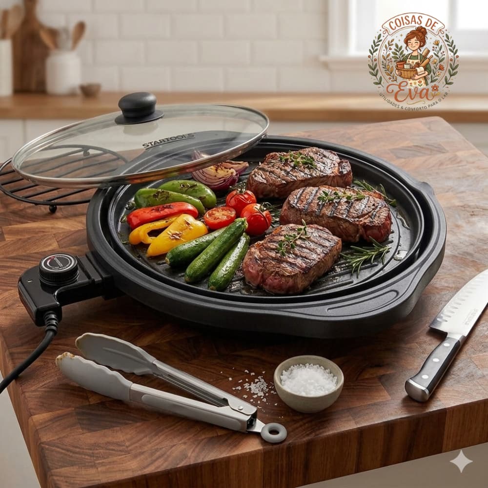 Grill Elétrico Redondo 40cm com Termostato 127V - Preta chapa elétrica preparos saudáveis