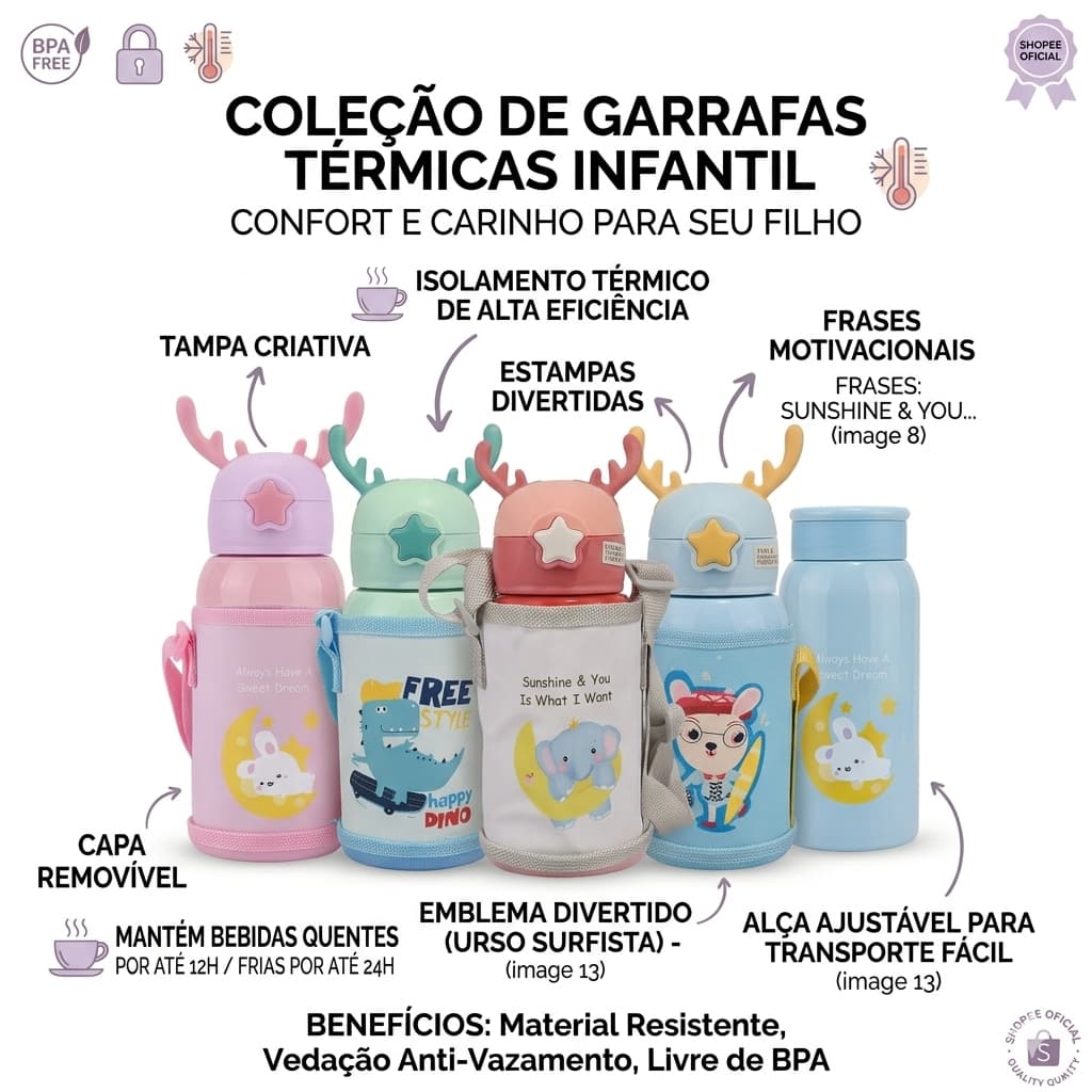 Garrafa Térmica Infantil 500ml Personalizada Gravação Laser + Bolsa Alça Escolar - Agua