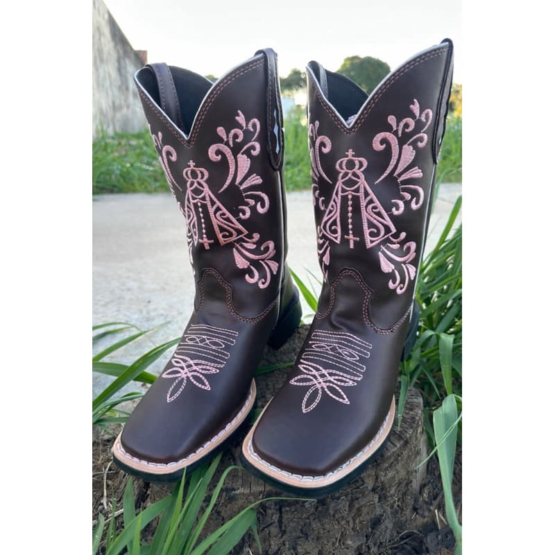 Bota Botina Texana Feminina Country Bordada Nossa Senhora Rosa Cowboy Boiadera Rodeio Estilosa Confortável