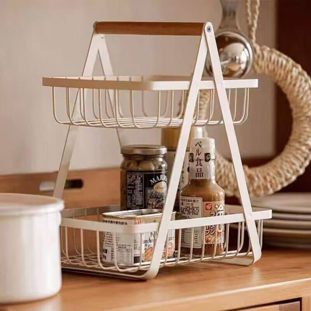 Fruteira de Mesa 2 Andares Metal e Madeira - Organizador Multiuso de Bancada para Cozinha, Banheiro e Café 🍎☕