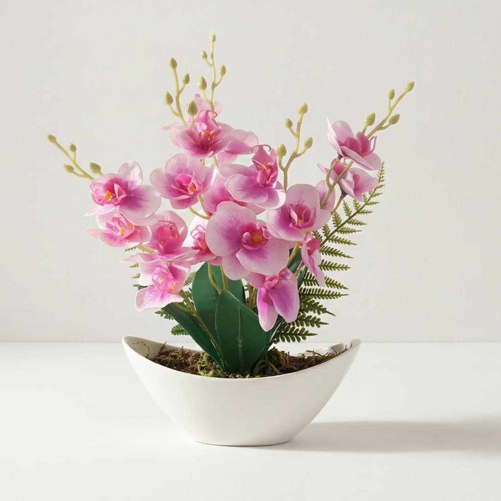 Arranjo de Orquídeas Planta Artificial Vaso Barca Decoração