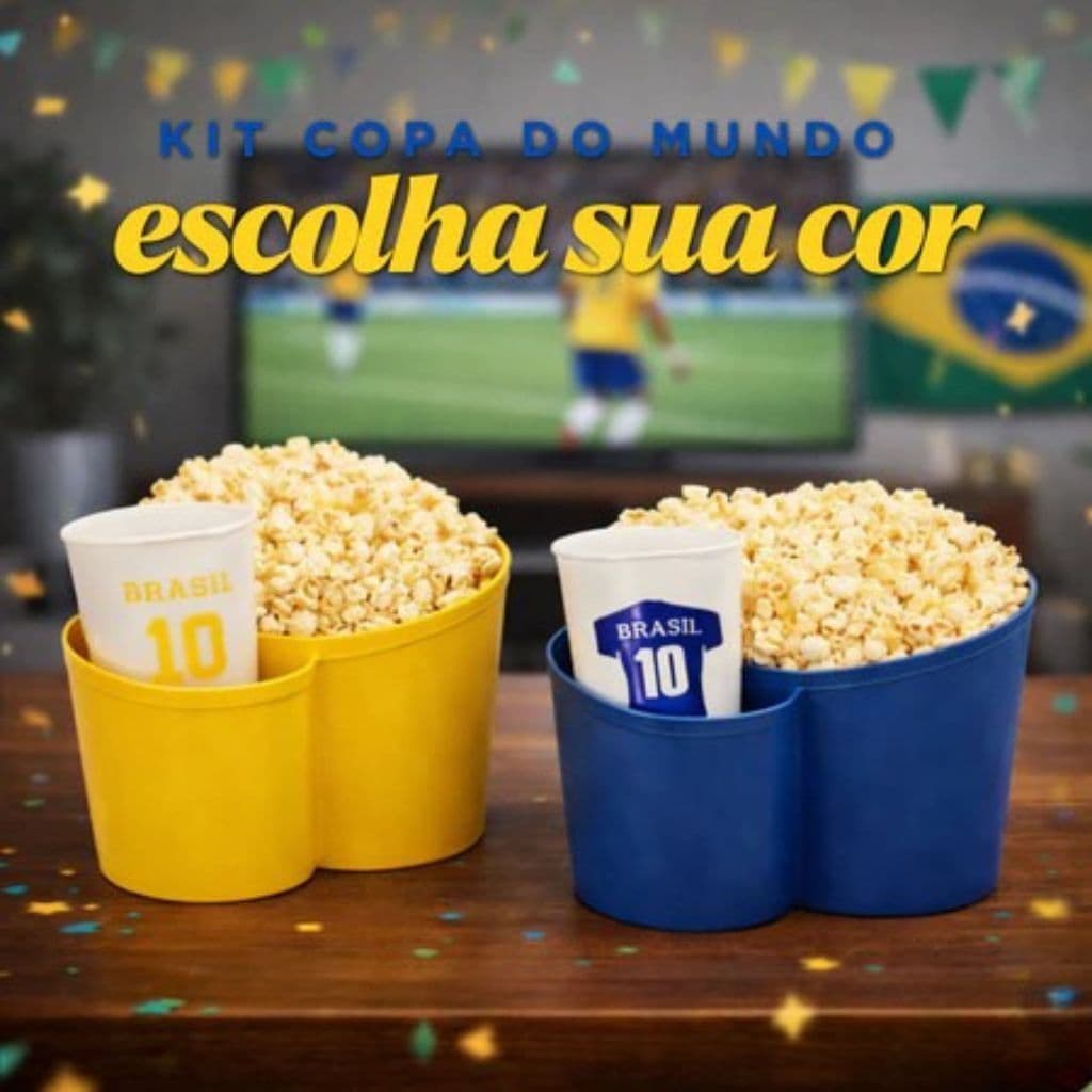 Kit 5 Pipoqueiras + 5 Copos Temático Brasil Copa do Mundo Azul Amarelo Preto Amigos Baldes Pipoca