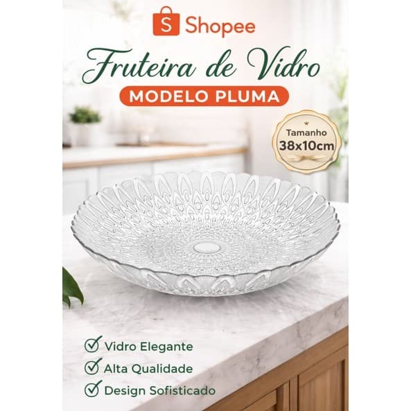 Fruteira De Vidro 38cm Centro De Mesa Pluma Transparente Vitazza