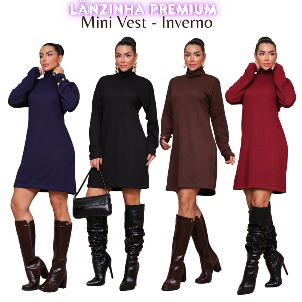 Vestido Mini Vest Poncho Curto Feminino Lãnzinha Inverno Manga Longa Gola Alta Inverno Elegante