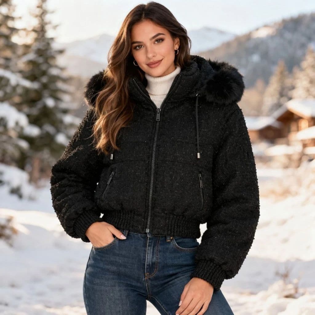 Jaqueta Feminina Bouclé Brilhante Touca Removível Peluciada Cropped Importada Lançamento Luxo