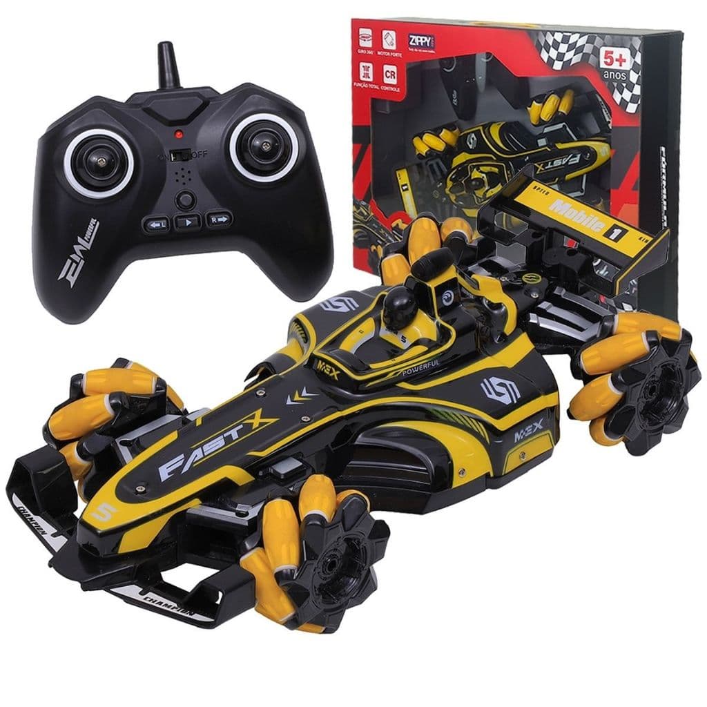 Carrinho Controle Remoto Formula 1 Drift 360 com Fumaca Amarelo Bateria Infantil