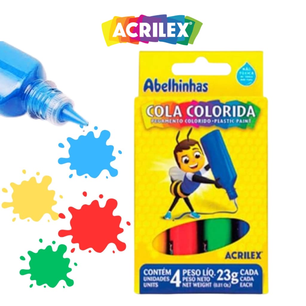 Cola Colorida 4 Cores 23gr cada - Acrilex - Abelhinha Abelha Cores Criança
