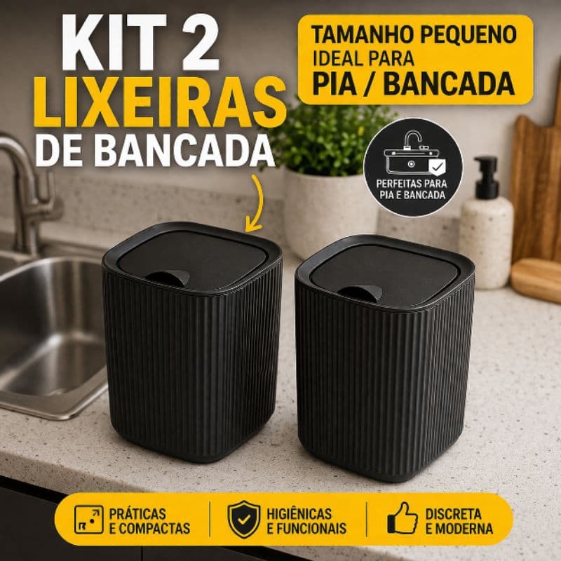 Kit 2 Lixeiras 3l Premium Tampa Basculante Pia Bancada Moderna Compacta Resistênte Cozinha Banheiro