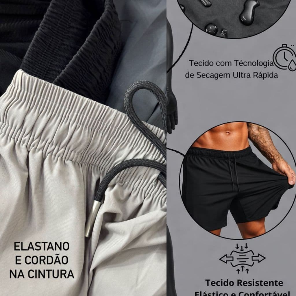 Kit 3 Shorts Tactel com Elastano Mauricinho Praia Masculina com Lycra Academia Corrida Cross Lisa Básica