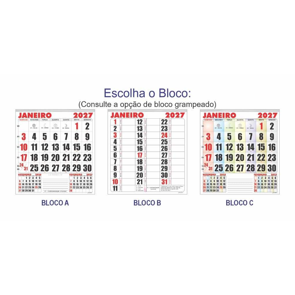 5 Blocos Refil Para Calendário De Parede 21x22 Cm Folhinha Comercial 2027 Anual