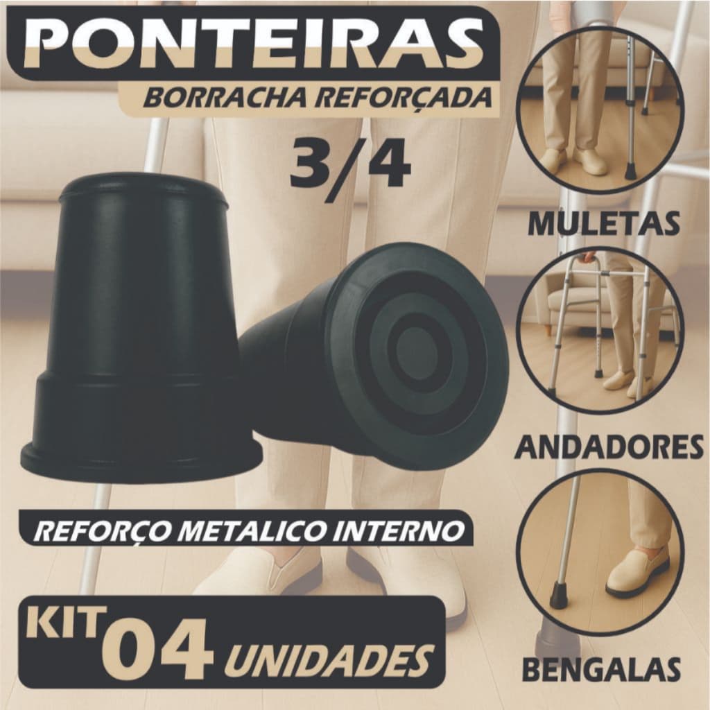 Kit 4 Pé Ponteiras de Borracha 3/4 19mm Para Muleta Canadense Bengala Andador