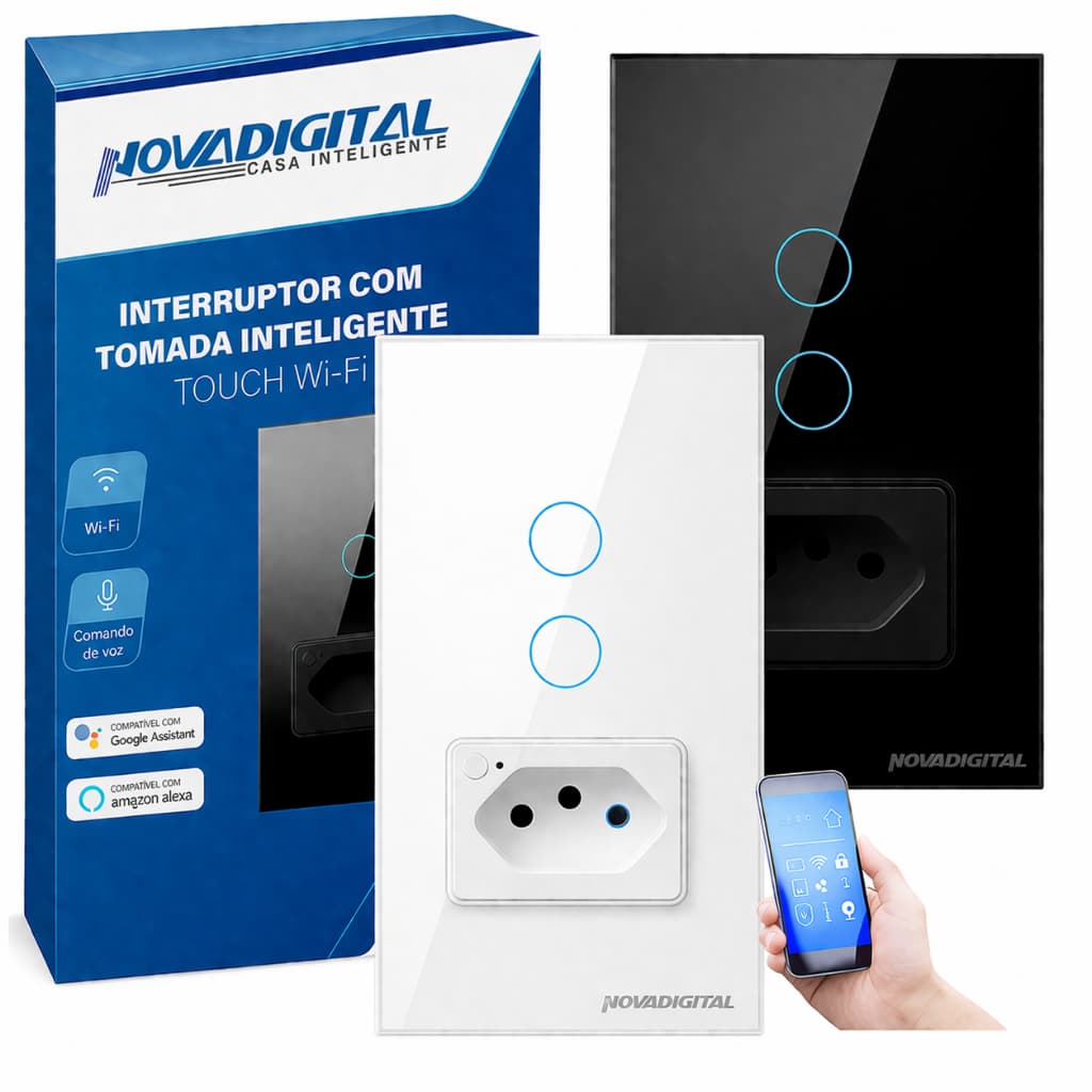 Interruptor Inteligente 2 Botões branco ou Preto Wifi Touch Com Tomada Alexa Nova Digital Original