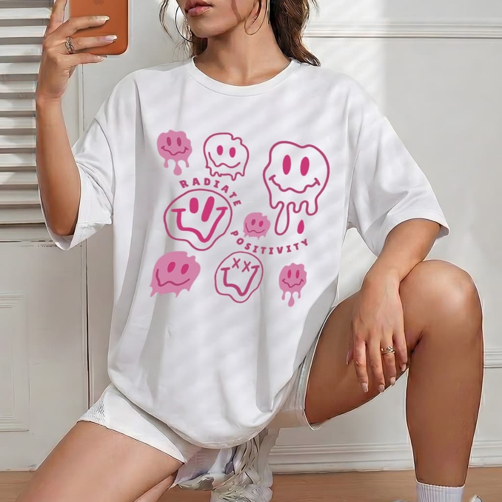 Camisa Feminina Smile Rosa Blusa Moderna T-shirt Estilosa Camiseta Despojada Crt Unissex