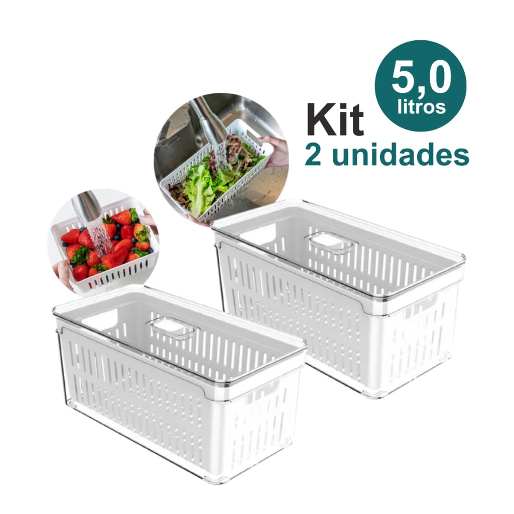 kit 2 Organizador de Geladeira Premium 5,0L em Acrílico Resistente com Cesto e Tampa Multiuso