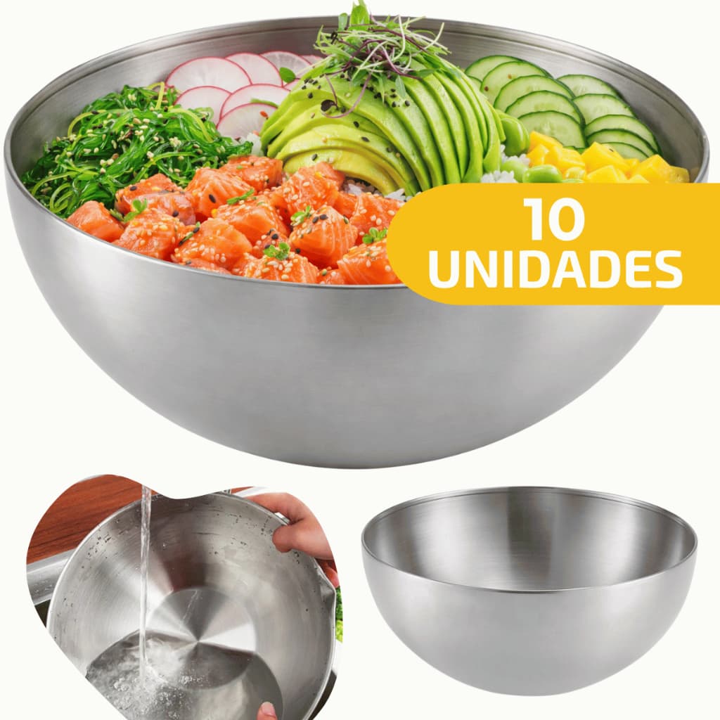 10 Tigela Saladeira Redonda Bacia Escovada Mixing Bowl Inox 30cm Mistura Preparar Alimento Confeitar