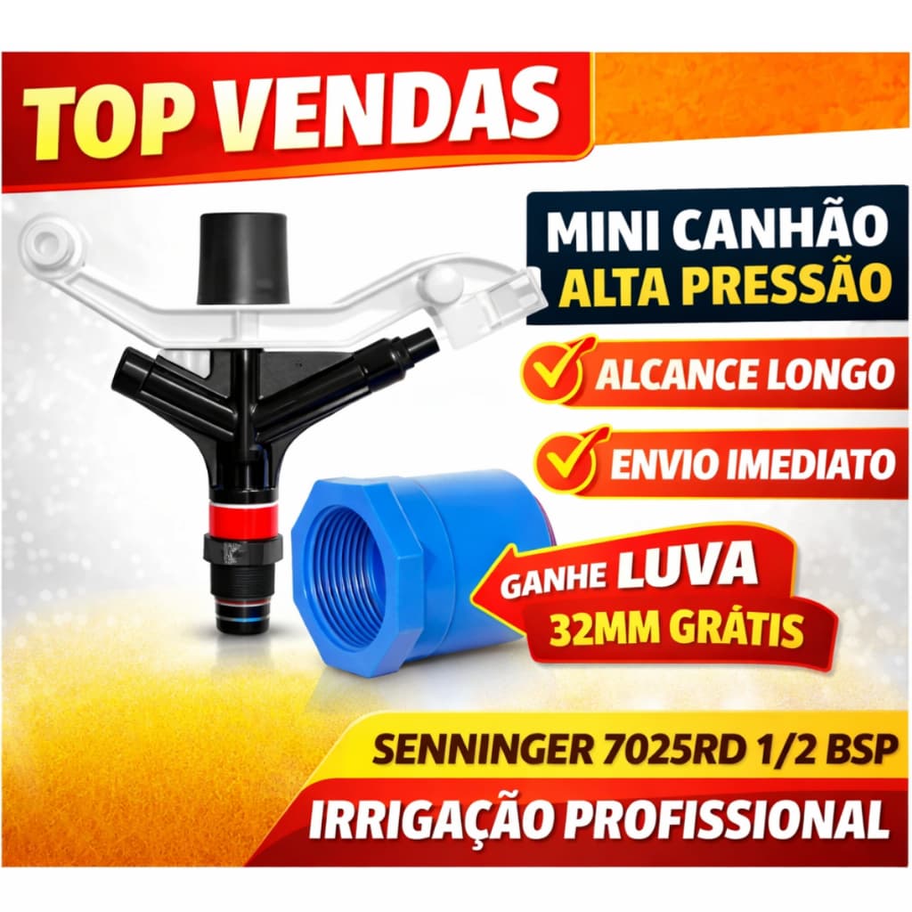 Mini Canhão Irrigação Senninger 7025RD 1/2 BSP Alta Pressão Longo Alcance + Luva 32mm Grátis