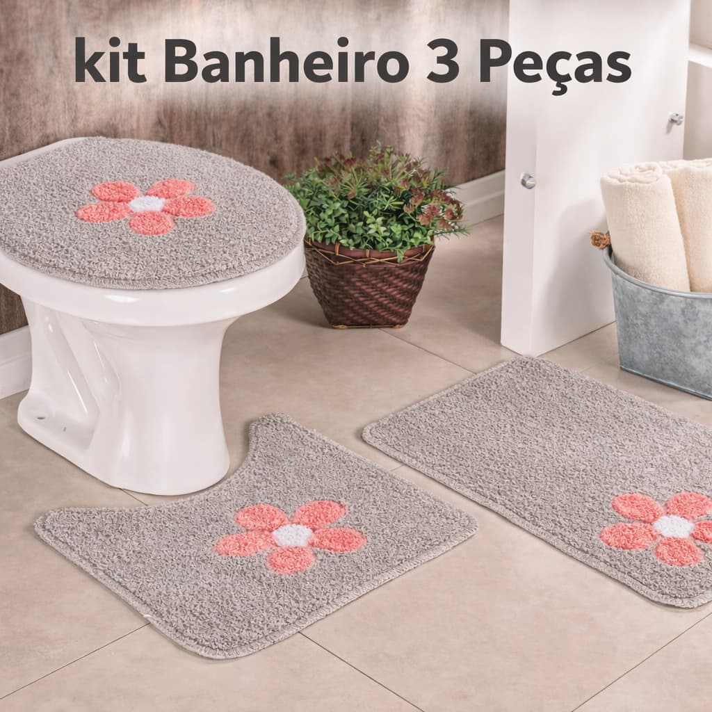 Kit Jogo de Tapete para Banheiro Antiderrapante 3 Peças Aplique em Relevo Cotton 100% Algodão