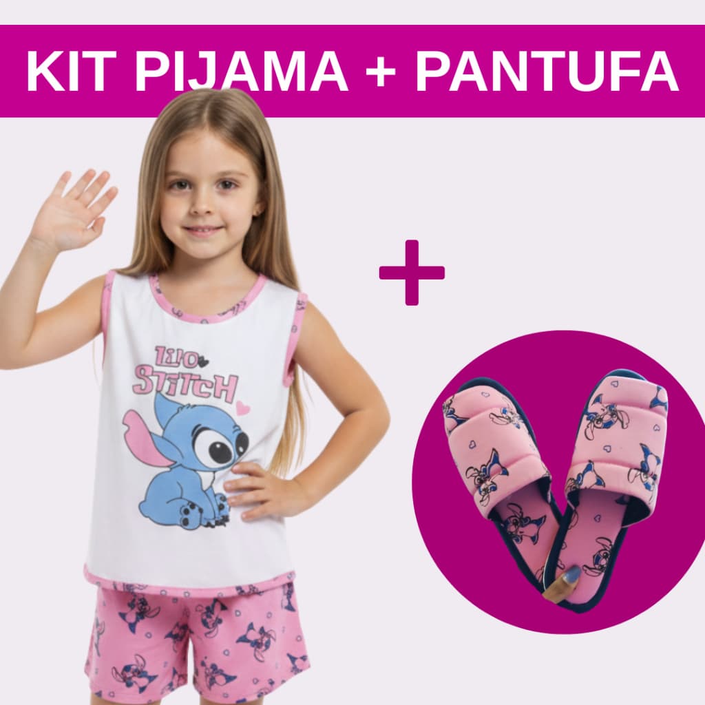 KIT Baby Doll Infantil Stitch e Pantufa / Pijama de Menina Regata / Short Doll Feminino