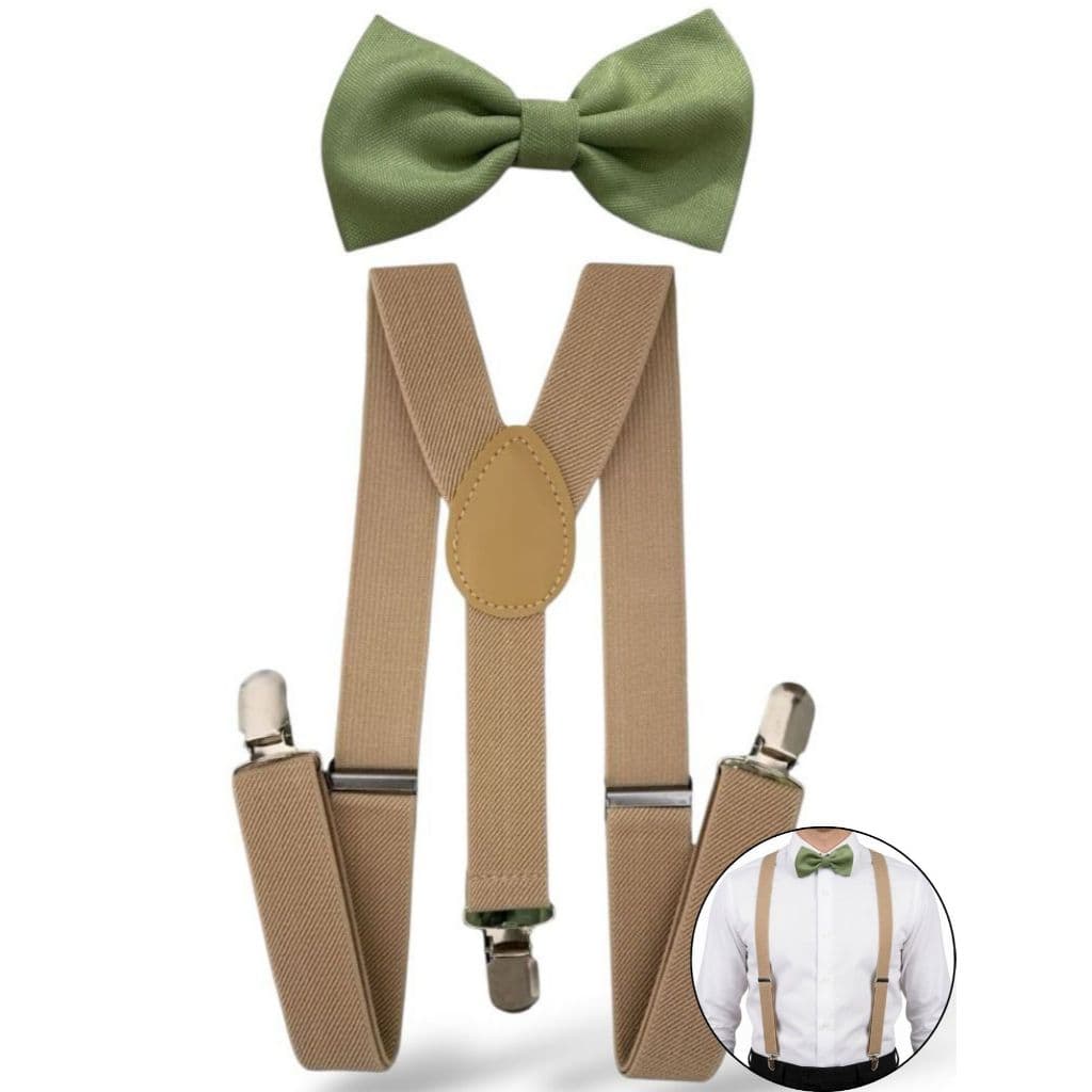 Kit Suspensório Bege e Gravata Borboleta Verde Oliva Clara Infantil Ajustável Pajens de Casamento