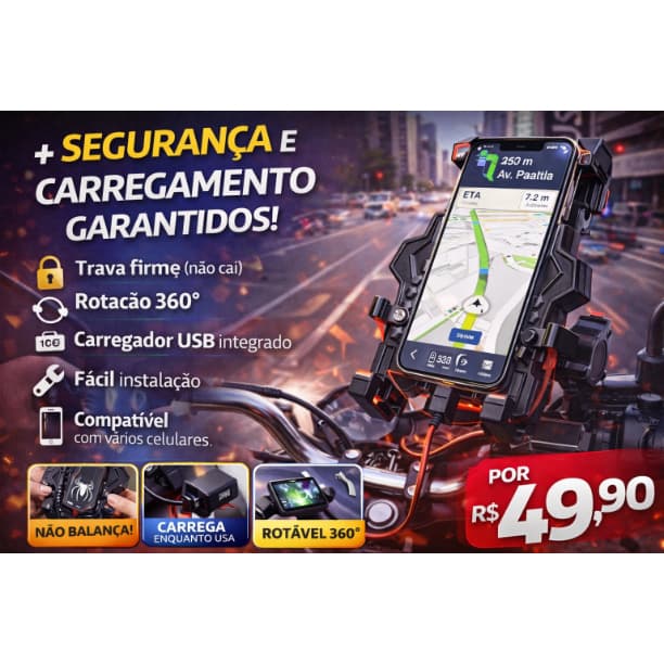 Suporte Celular Moto Bike Com Carregador USB 360° Rotação Trava Segurança
