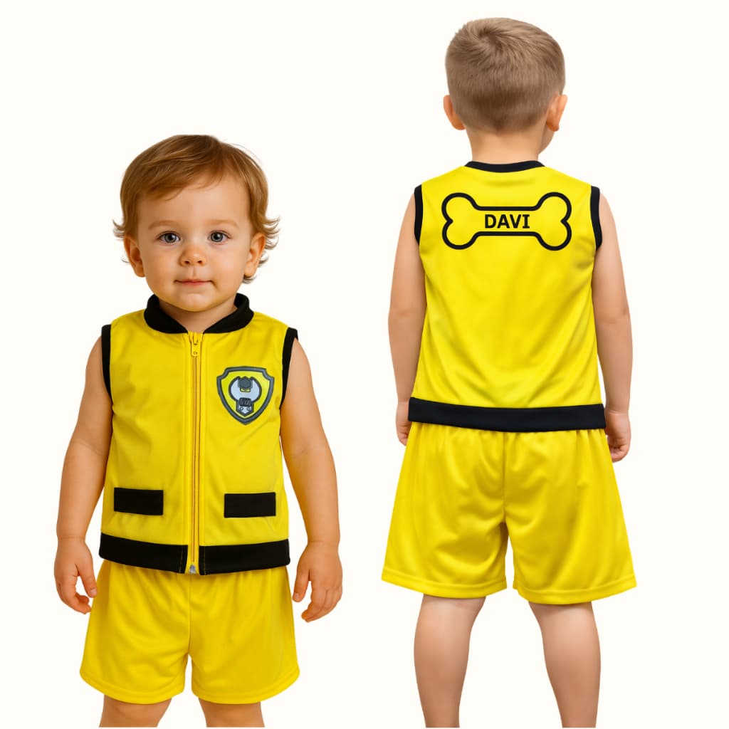 Fantasia Infantil Conjunto Colete e Shorts Rubble Personalizado Com Nome Patrulha Canina
