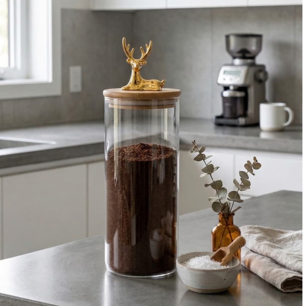Pote de Vidro Hermético 750ml Tampa Bambu com Alce Dourado Porta Mantimentos Café Decorativo