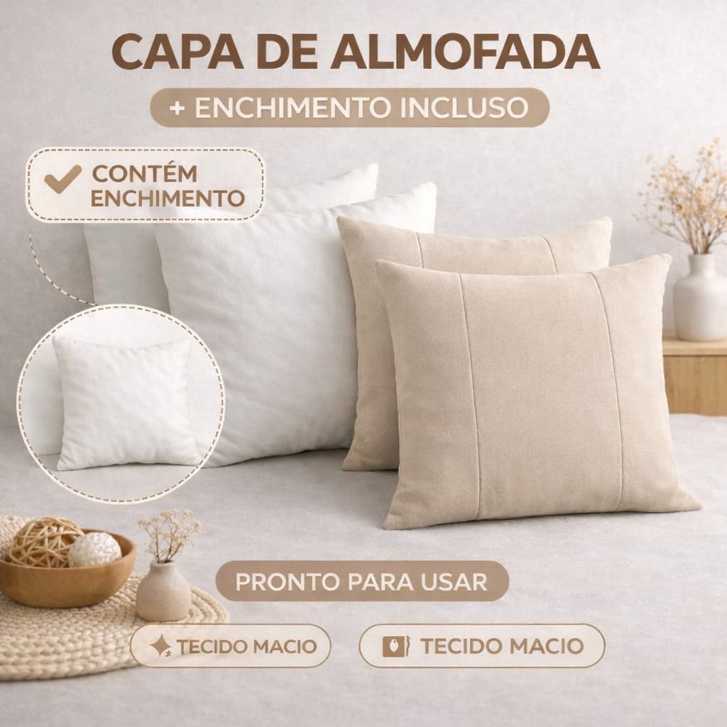 Kit 2 Capas De Almofada Com Recorte + Enchimento 45x45cm Lavável Antialérgico Tecido Suede