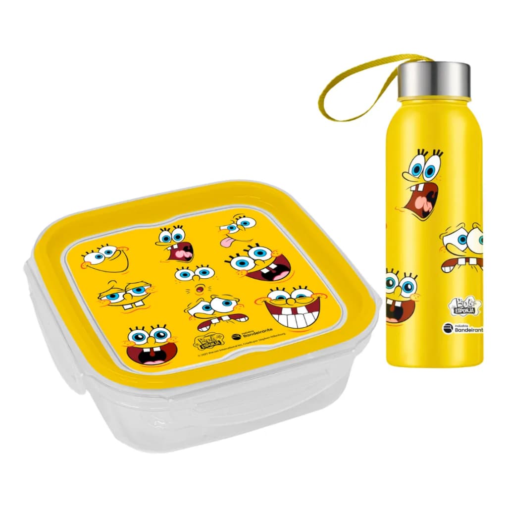 Kit Lancheira Infantil Bob Esponja Pote Marmita 640ML Garrafa Garafinha Squeeze 500ML Escola Criança