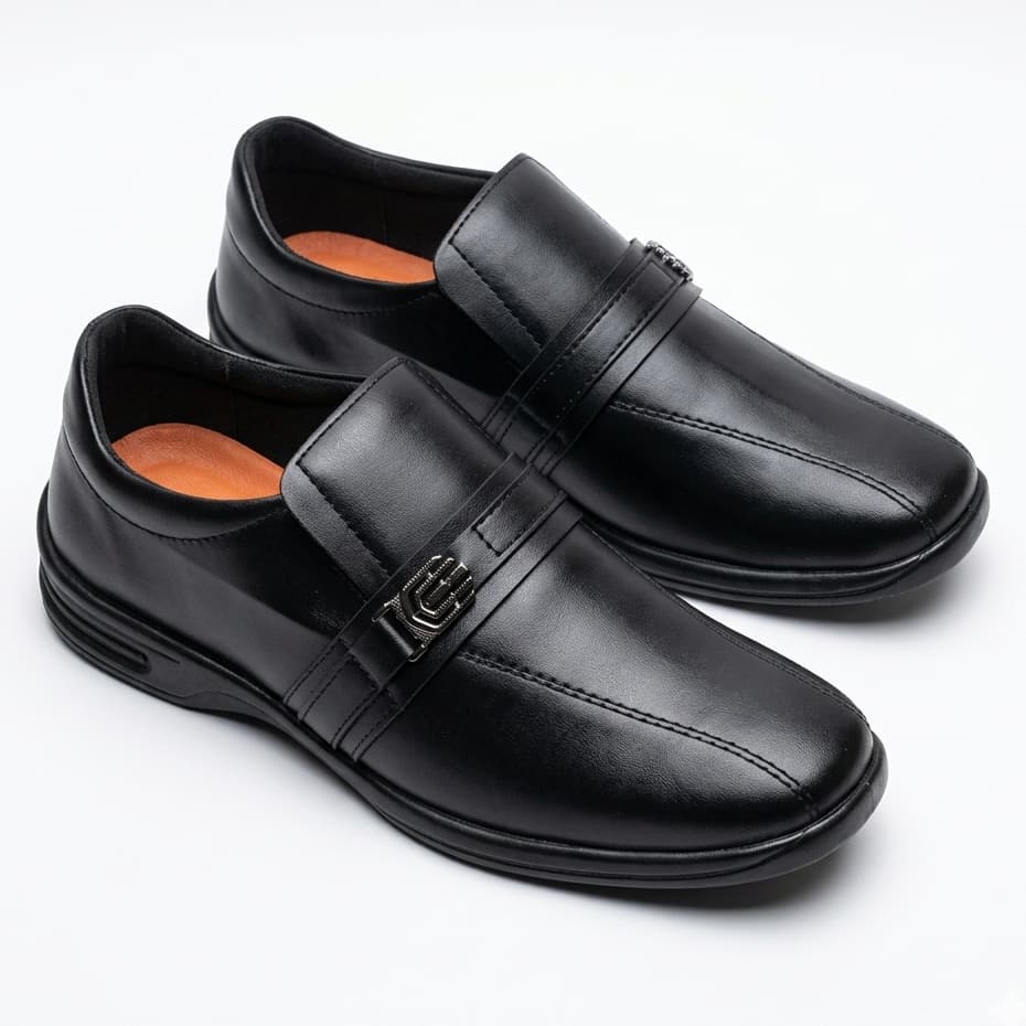 Sapato Social Masculino Slip On Preto Confortável Sem Cadarço Couro Sintético Elegante Moda