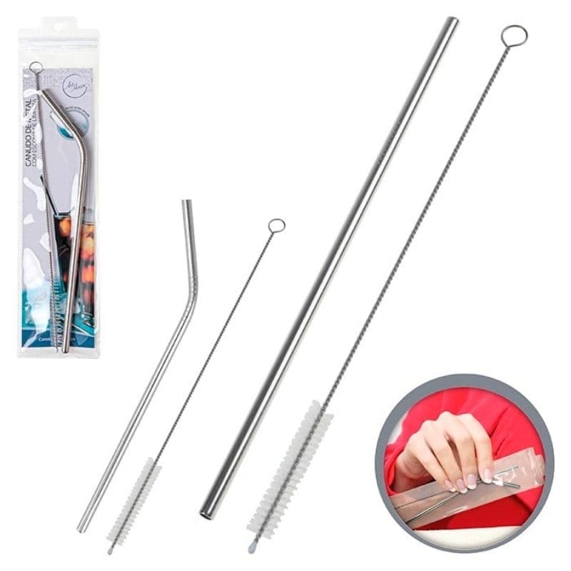 Canudo de Aço Inox Reutilizável Modelo Curvo ou Reto + Escova Higiênica