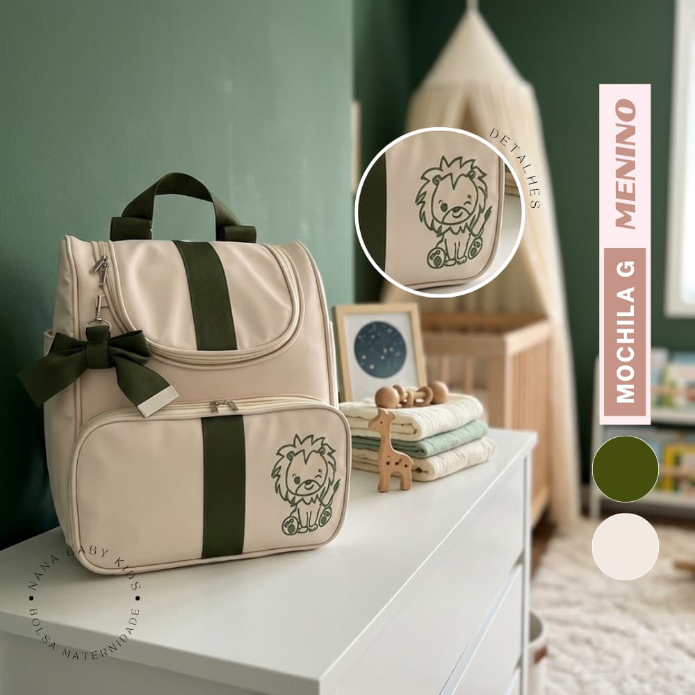 Mochila Maternidade G - Verde Militar Luxo Bordada Térmica Impermeável