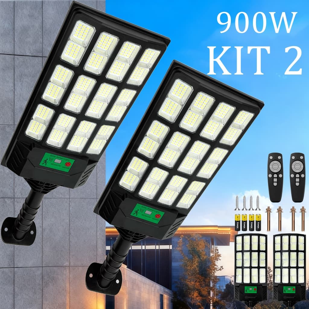 Kit 2 Luminária Solar Com Sensor 900w Iluminação Pública Externa 360 LED