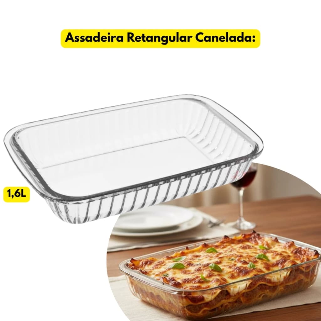 Assadeira Lasanheira Retangular Vidro Marinex Nadir Canelada 1,6L Travessa Refratário Forno Assar Receita