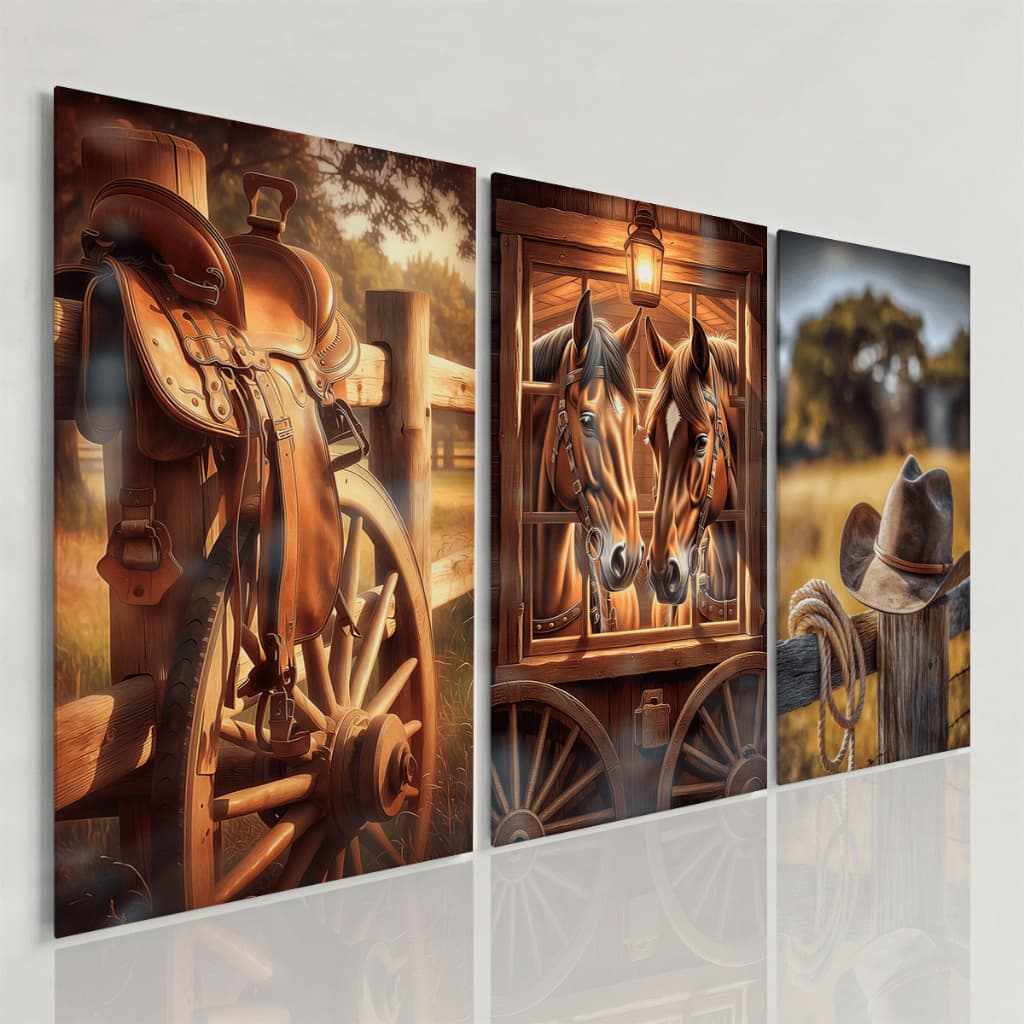 Quadros Decorativos Country Cavalos Sela Chapéu Cowboy Fazenda Rústico Kit 3 Peças Sala Estilo Rural Luxo