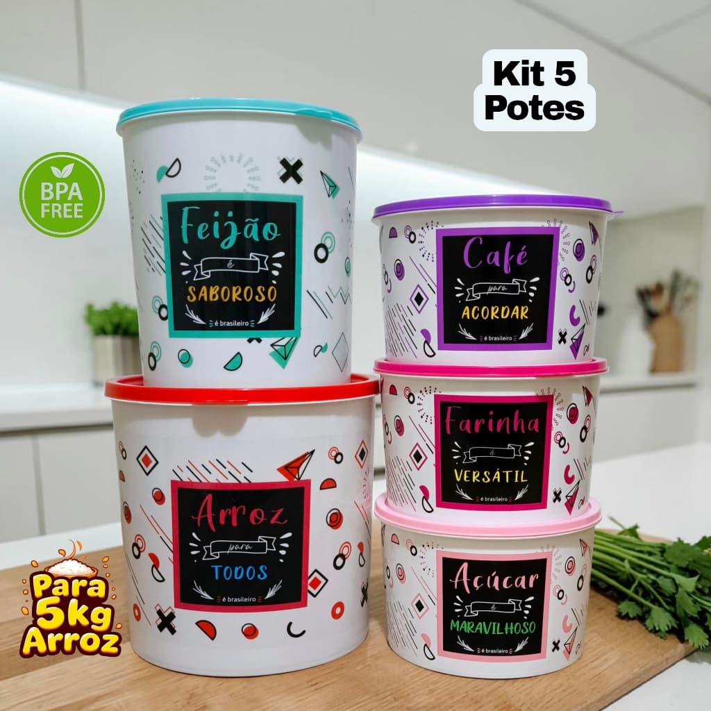 Kit 5 Potes Plásticos Porta Mantimentos Organizadores de Alimentos para Cozinha