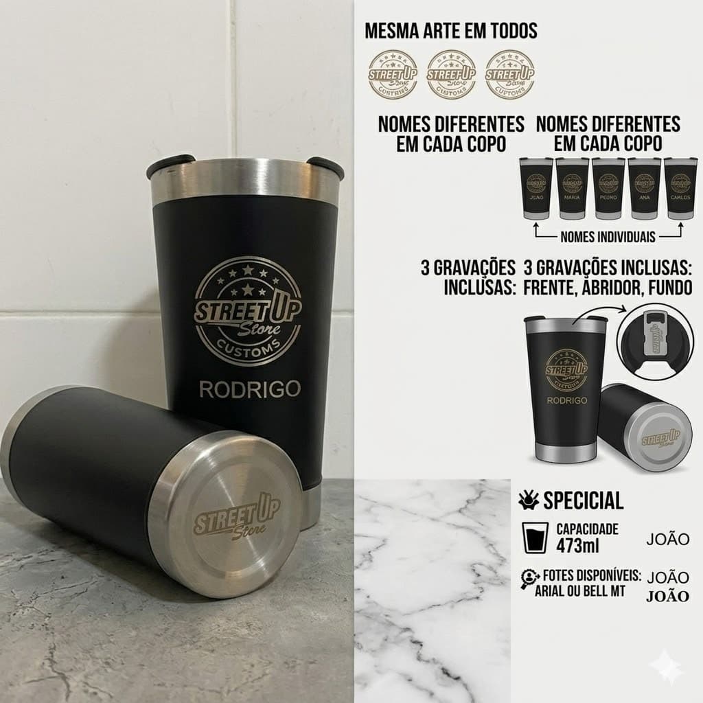 Kit 15 Copos Térmicos 473ml C/ Tampa Personalizados Laser - Logo + Nomes Individuais