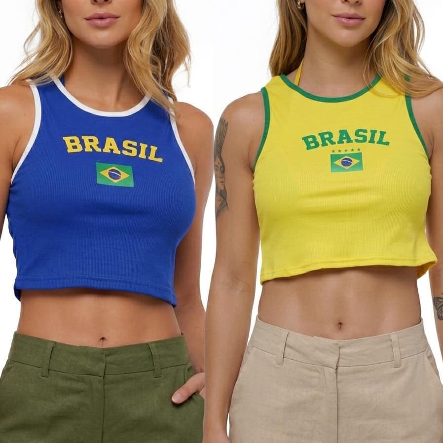 kit Blusa Cropped Brasil Feminina Regata Canelada Ribana Regatinha Verde Amarelo Copa do Mundo Torcedora Seleção