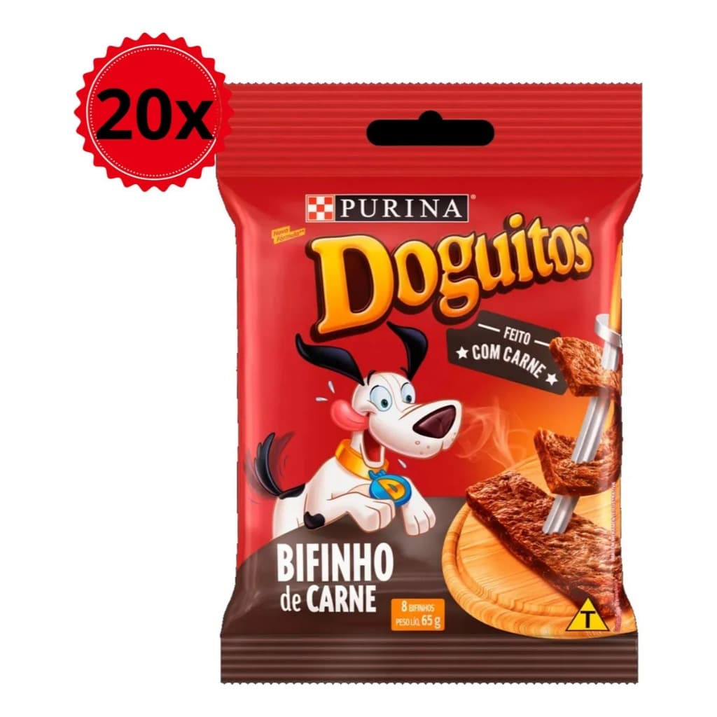 Caixa com 20 Doguitos Bifinho Carne 65g Petisco p/ Cães Purina