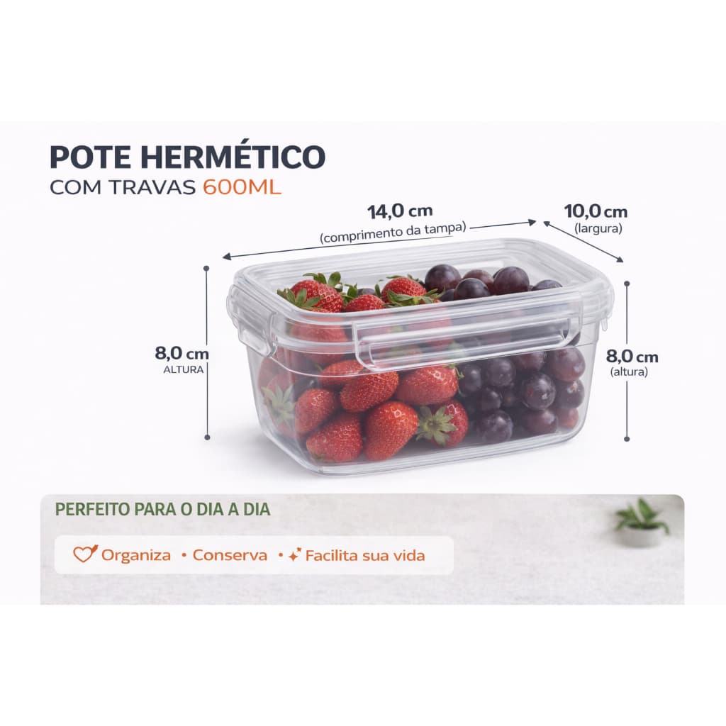 Kit 3  potes hermético 600ml com 4 Travas Tampa Vedação Marmita Plástico Transparente
