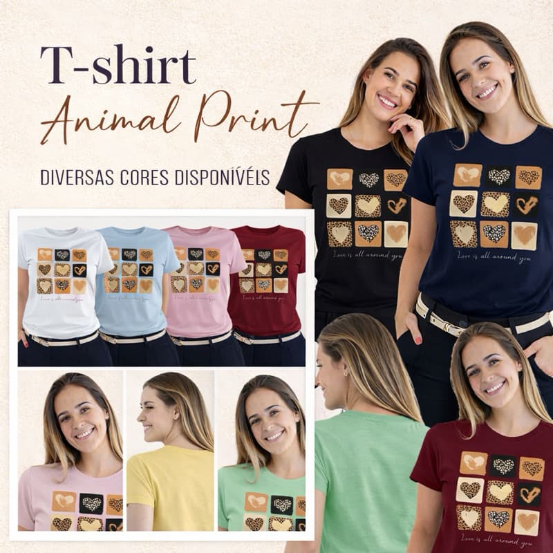 T-shirt Love Coração Animal Print Camiseta Babylook Estampada 100% Algodão Blusa do P ao G3