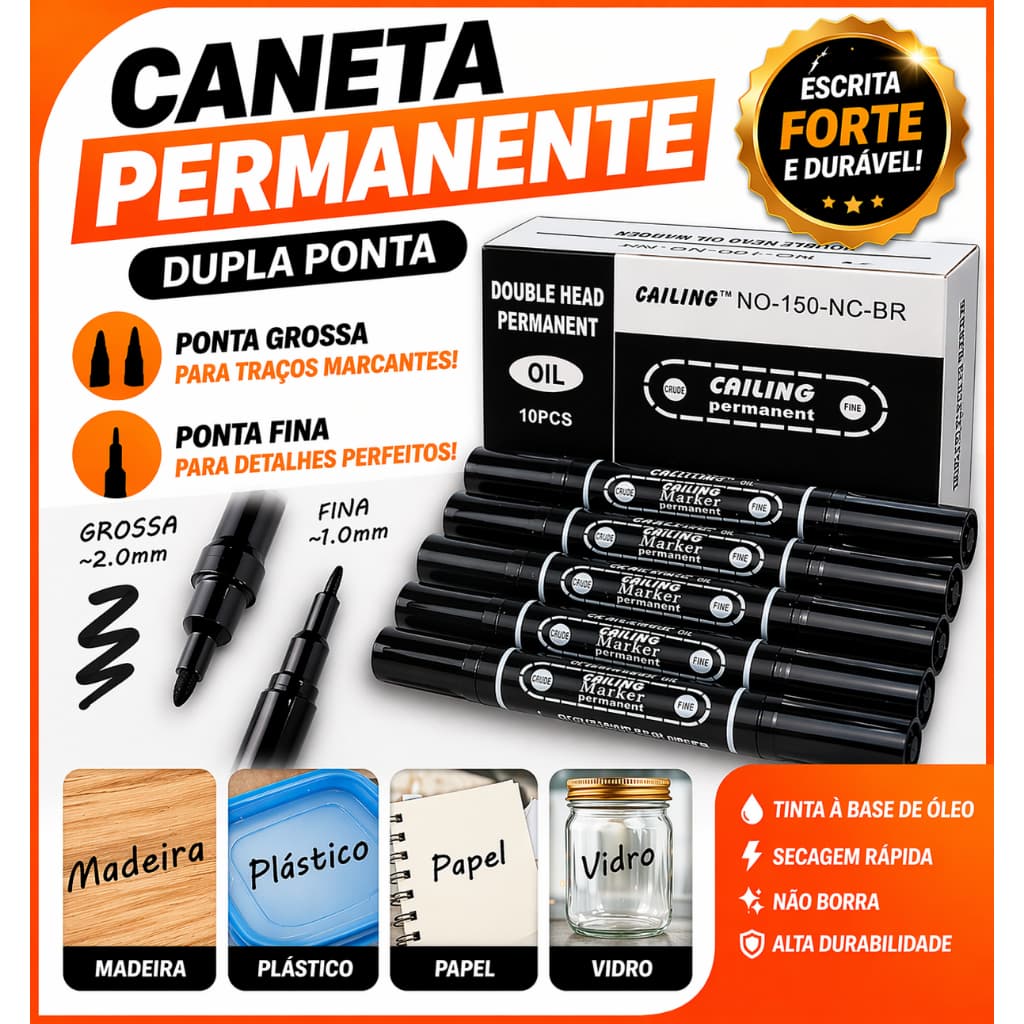 Caneta Permanente Dupla Ponta Grossa e Fina Marcador Permanente Preto - Vidro Plástico Madeira Papel