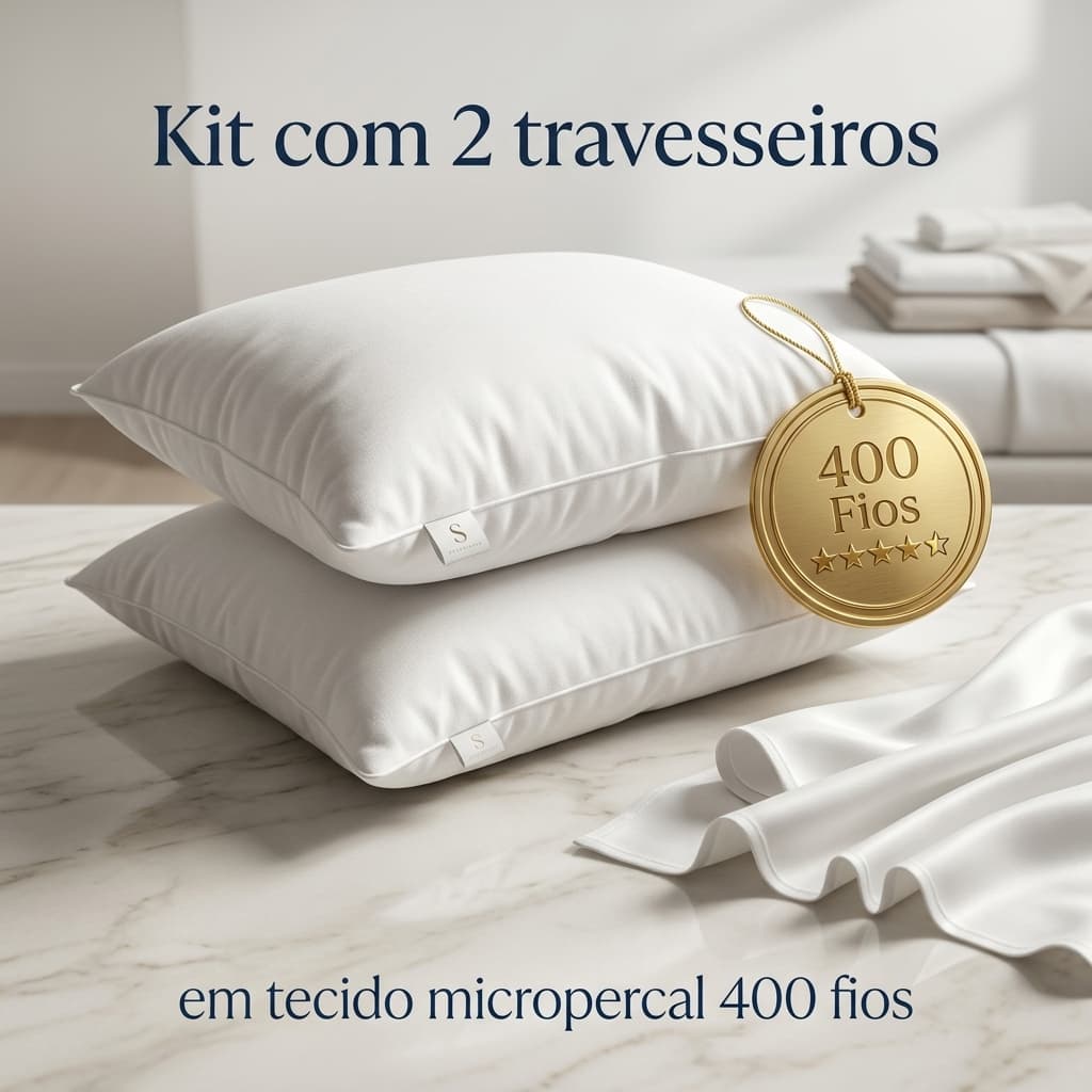 KIT C/ 02 Travesseiros Penas e Plumas de Ganso MicroPercal 400 FIOS - MACIO E CONFORTÁVEL 70x50